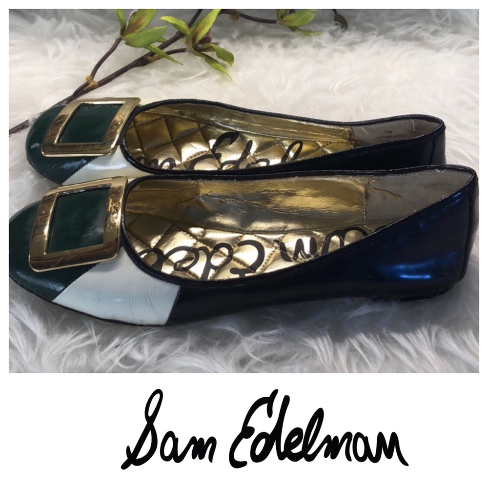 Sam Edelman green white black gold buckle flats